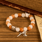 Pulsera de Animal Atigrado Naranja de Cuarzo Naranja y Blanco con Abalorios de Acero Inoxidable con Cara de Gato