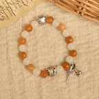 Pulsera de Animal Atigrado Naranja de Cuarzo Naranja y Blanco con Abalorios de Acero Inoxidable con Cara de Gato