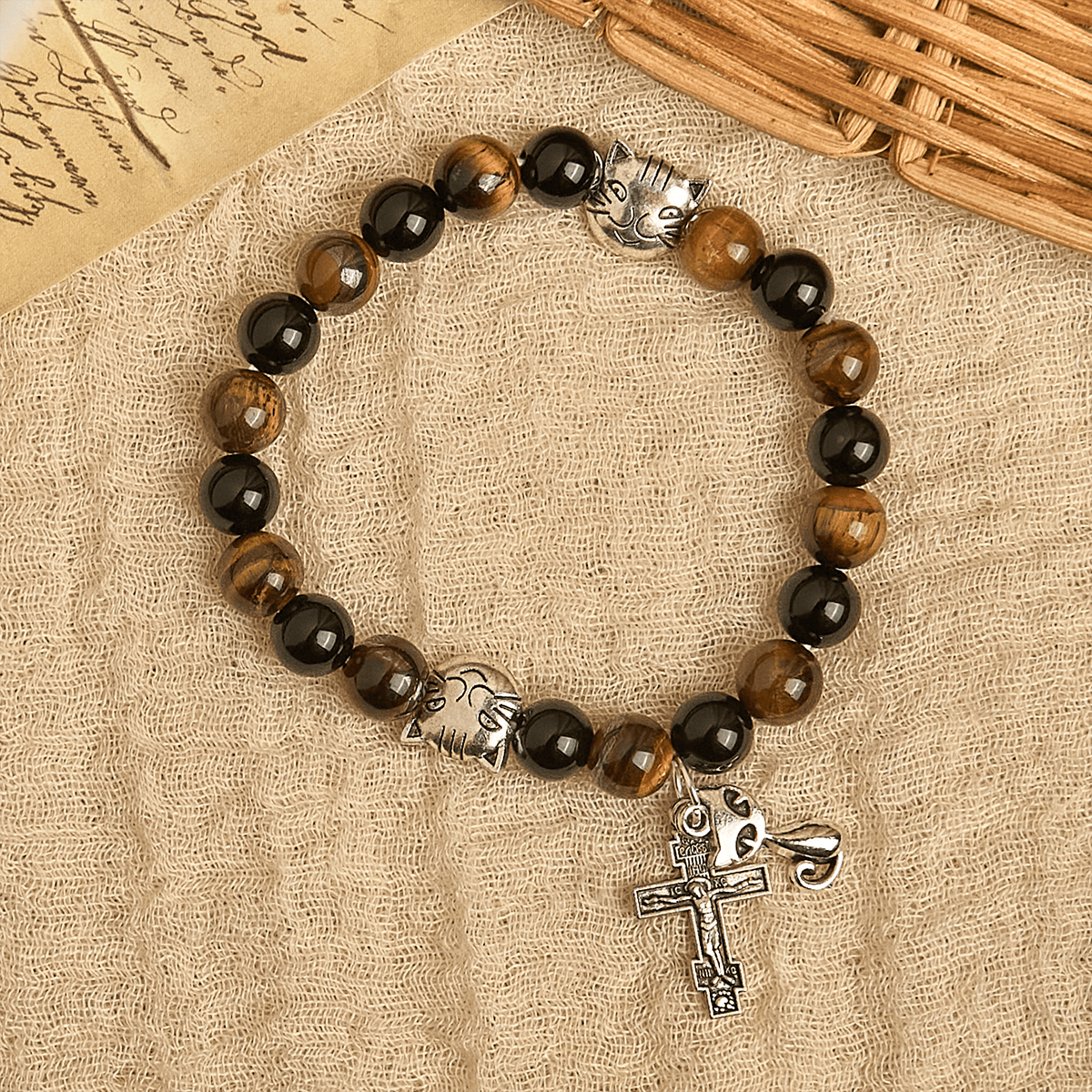 Fiel gato atigrado con cuentas marrones y negras para pulsera de oración de animales amorosos