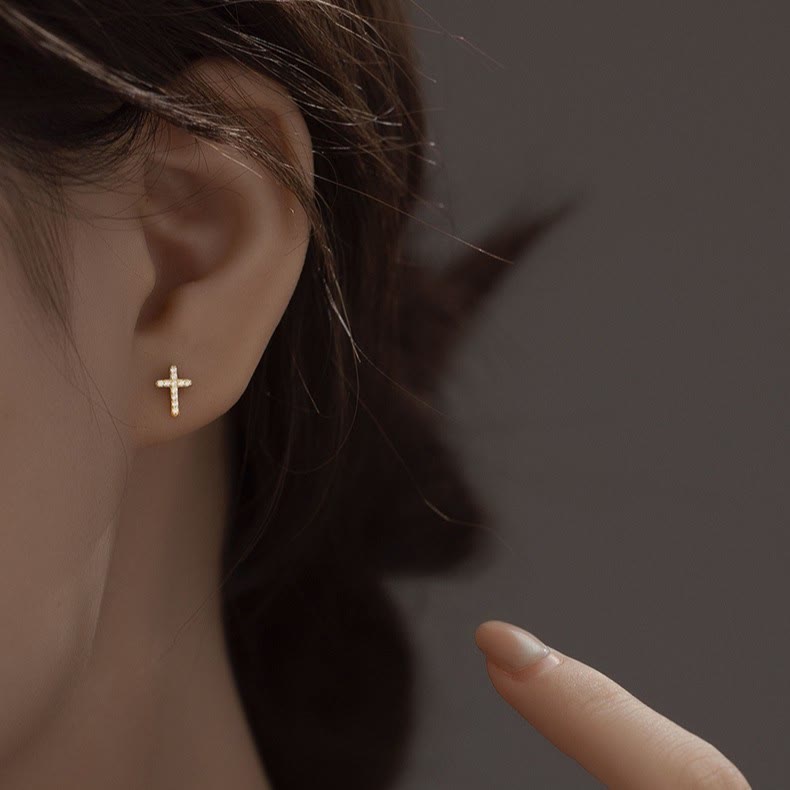 Aretes de Cruz Minimalistas de Fe en Plata S925 en Dos Tonos