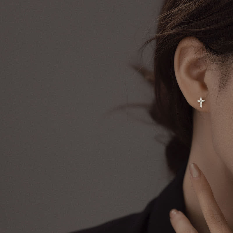 Aretes de Cruz Minimalistas de Fe en Plata S925 en Dos Tonos