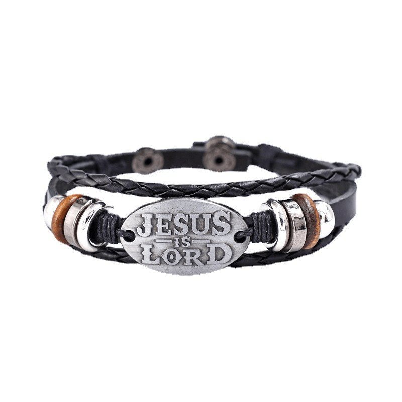 Pulsera de cuero trenzado negro con inscripción JESÚS ES SEÑOR
