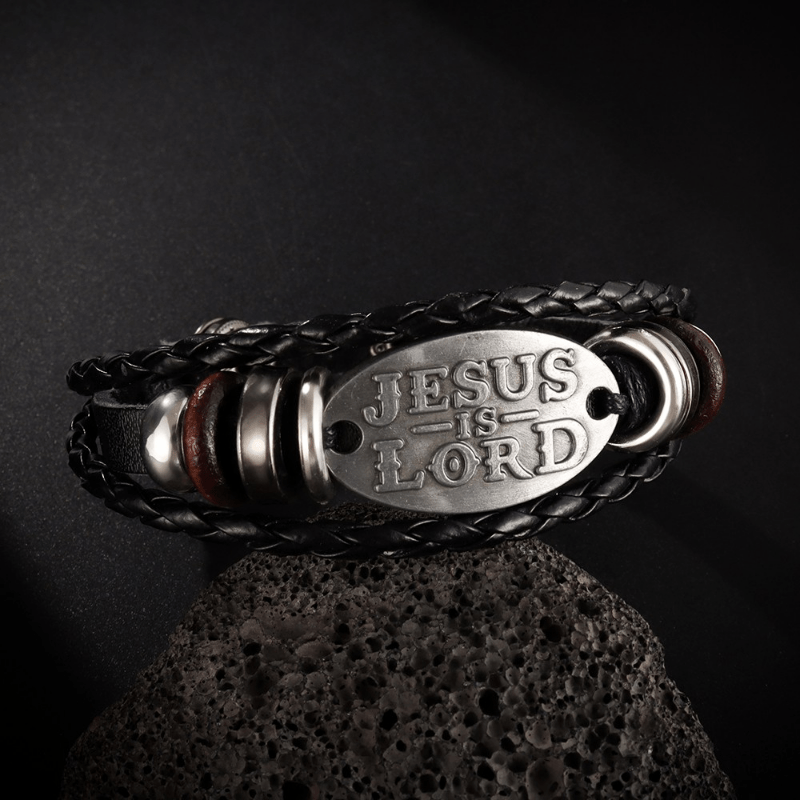 Pulsera de cuero trenzado negro con inscripción JESÚS ES SEÑOR