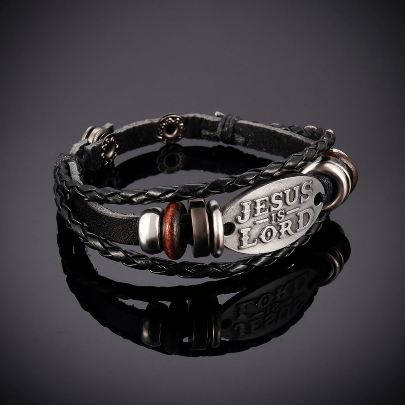 Pulsera de cuero trenzado negro con inscripción JESÚS ES SEÑOR