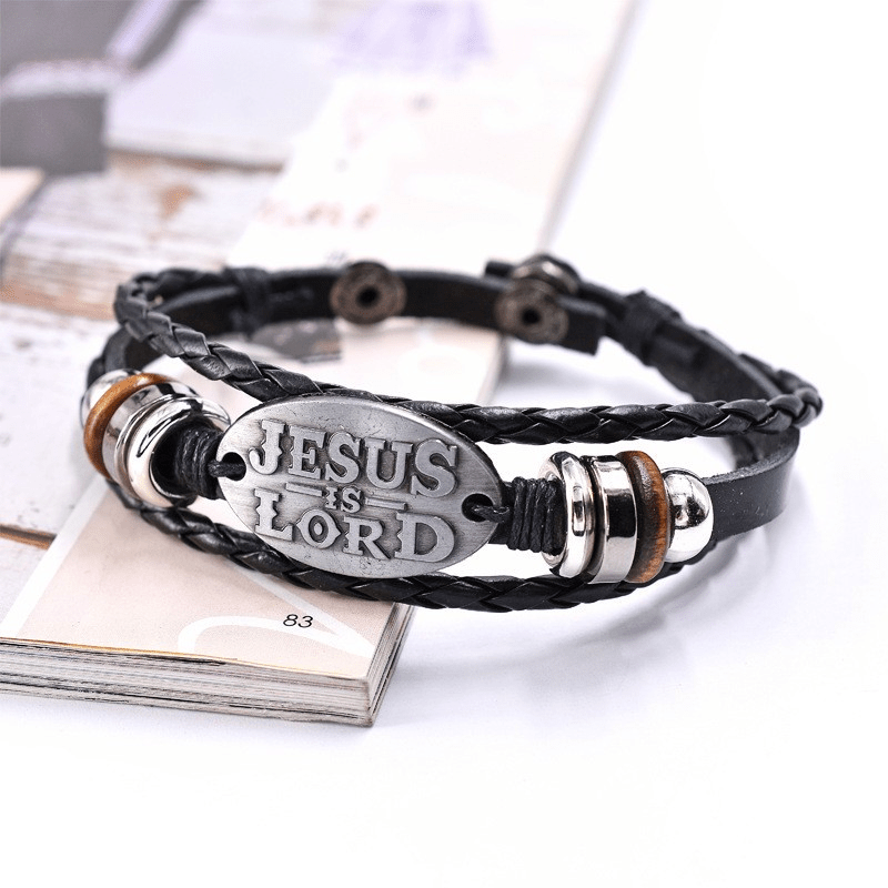 Pulsera de cuero trenzado negro con inscripción JESÚS ES SEÑOR