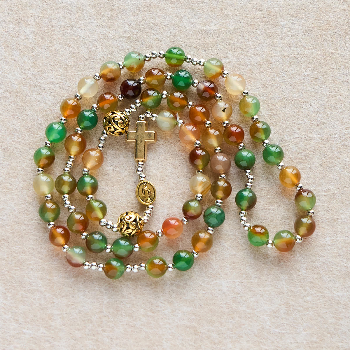 Pulsera de Rosario de Navidad de Malaquita Multicapa con Cruz y Medalla