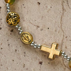 Pulsera de Rosario de Navidad de Malaquita Multicapa con Cruz y Medalla