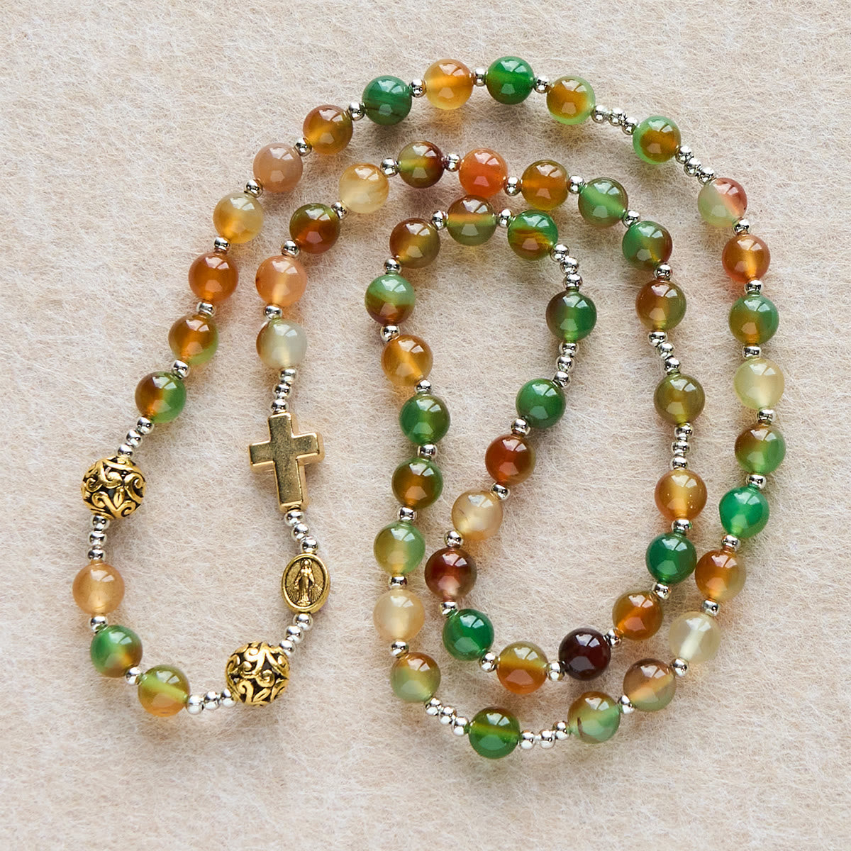 Pulsera de Rosario de Navidad de Malaquita Multicapa con Cruz y Medalla