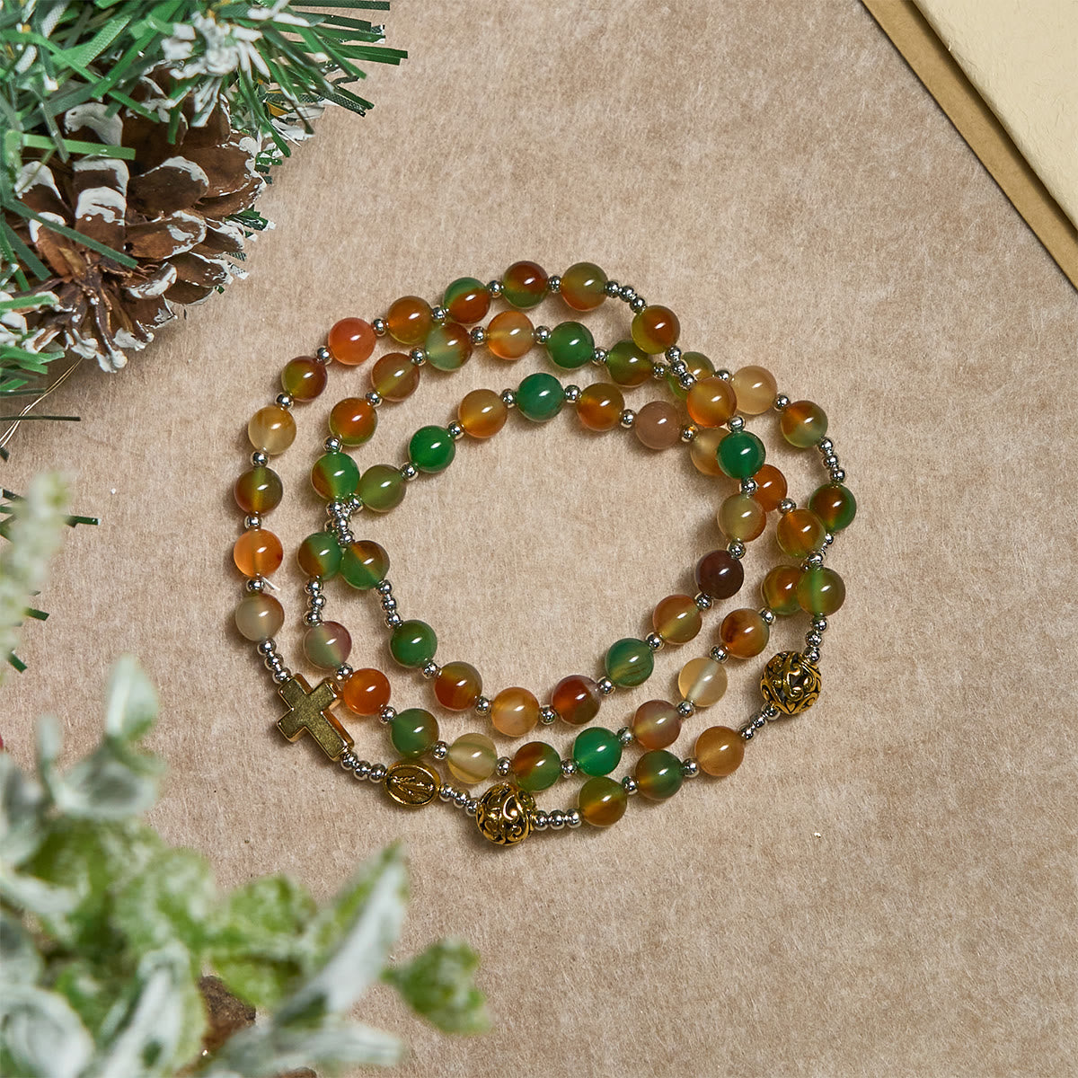 Pulsera de Rosario de Navidad de Malaquita Multicapa con Cruz y Medalla