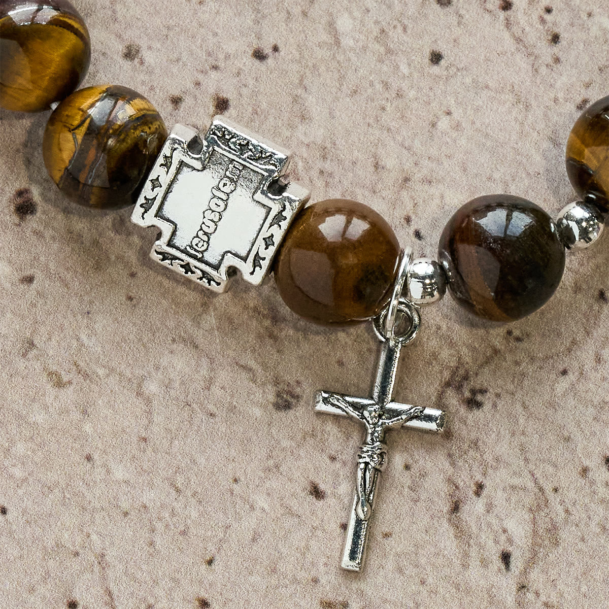 Pulsera de Piedra Ojo de Tigre con Cruz "Coraje en Cristo": Ora sin Miedo