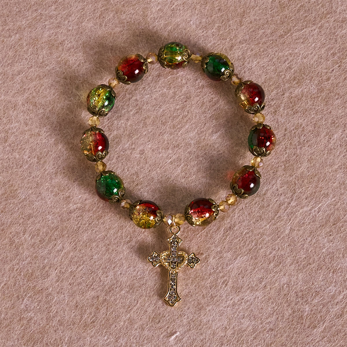 Pulsera de Cuentas de Vidrio Gloria Navideña Rojo-Verde-Oro: Fe Que Brilla