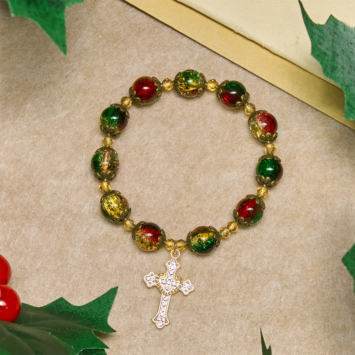 Pulsera de Cuentas de Vidrio Gloria Navideña Rojo-Verde-Oro: Fe Que Brilla