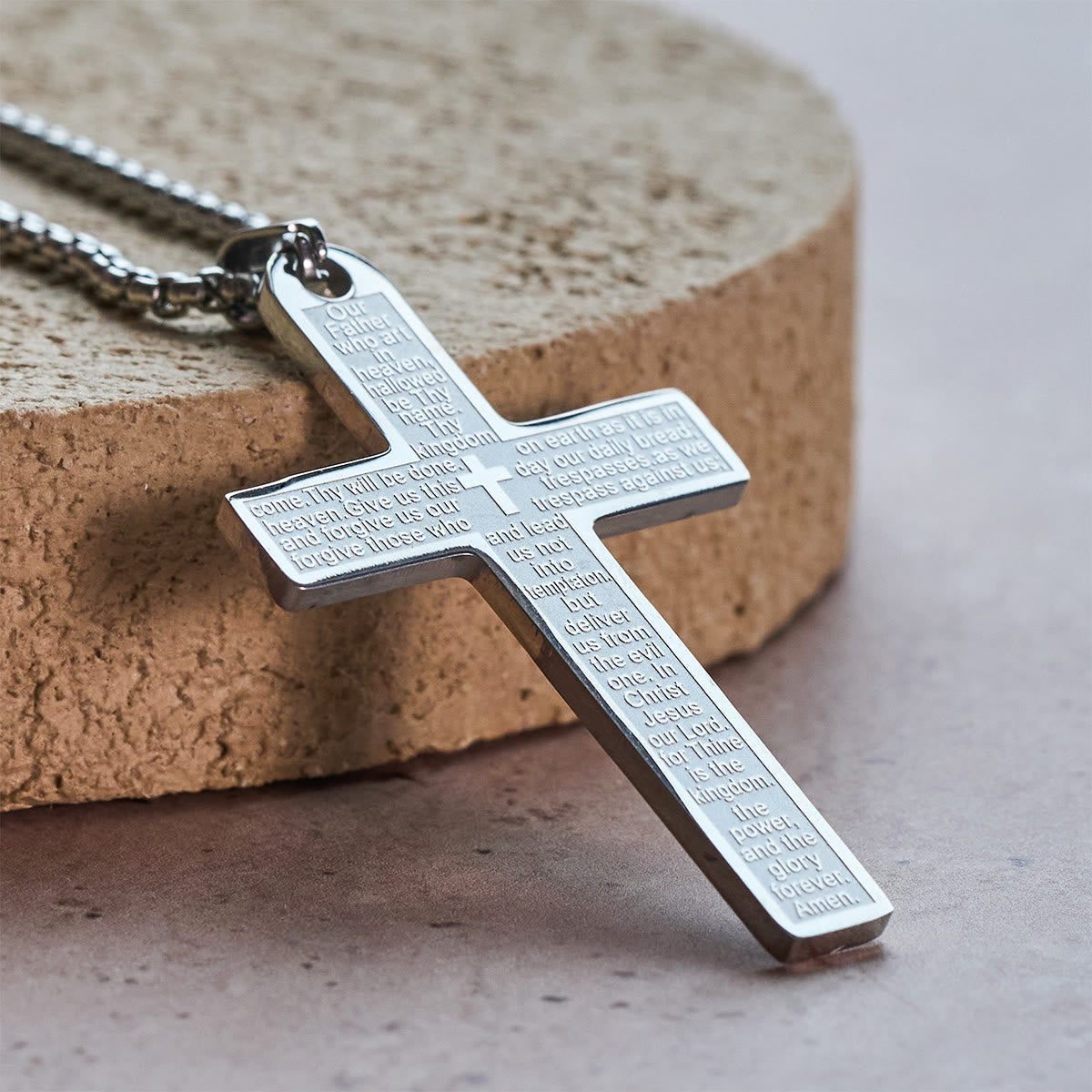 Collar con Cruz y Colgante del Padre Nuestro de Acero Inoxidable