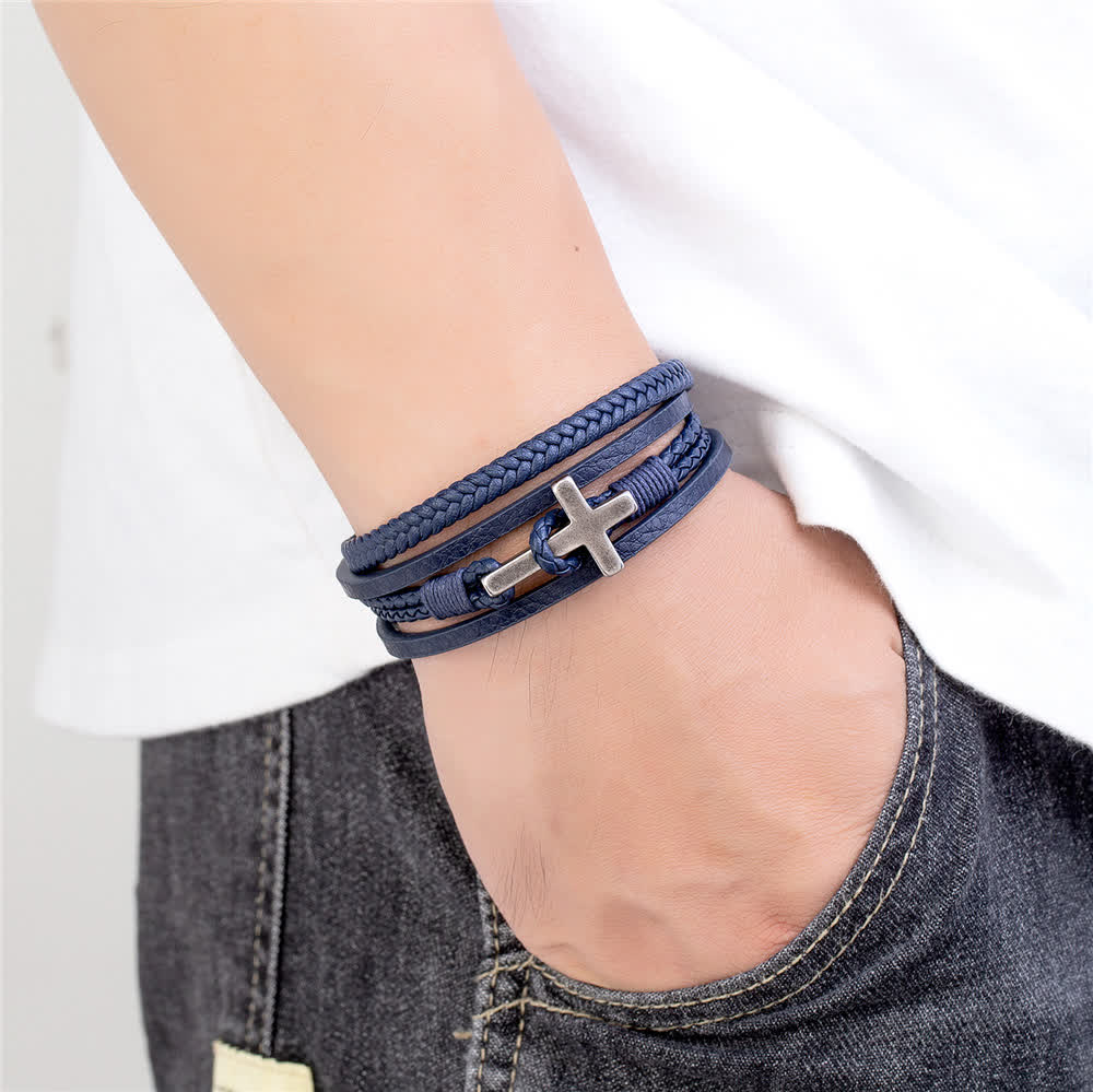 Pulsera de moda de cruz de acero inoxidable tricolor y cuero trenzado