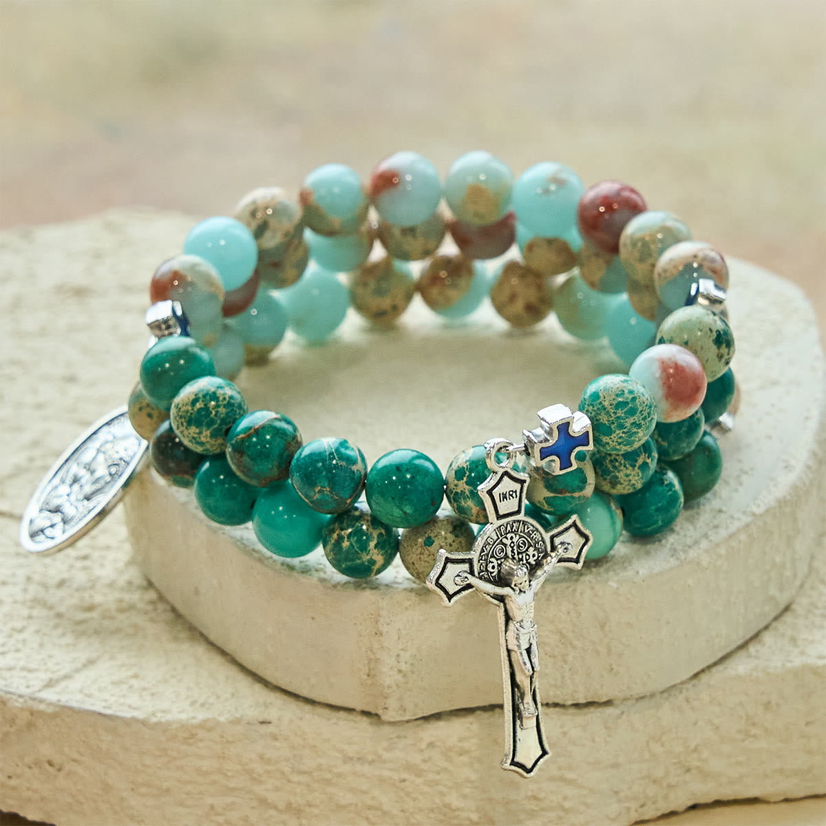 Pulsera Rosario de Piedra Shoushan y Piedra Veteada Verde: Devoción y Gracia Terrenal
