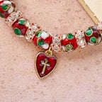 Enamel Craft Red Bead Bracelet with Cross Heart Pendant