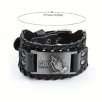 Pulsera de cuero con manos en oración: Audaz insignia de bendición