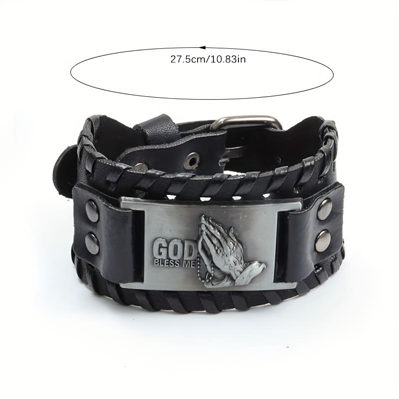 Pulsera de cuero con manos en oración: Audaz insignia de bendición