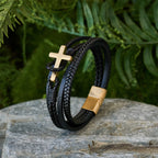 Pulsera de moda de cruz de acero inoxidable tricolor y cuero trenzado
