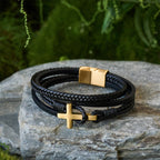 Pulsera de moda de cruz de acero inoxidable tricolor y cuero trenzado