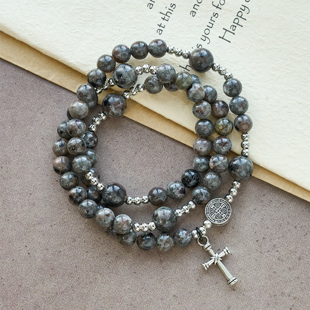 Pulsera de Rosario de Piedra de Llama de 6mm con Resplandor UV: Textura Ceniza y Devoción Iluminada