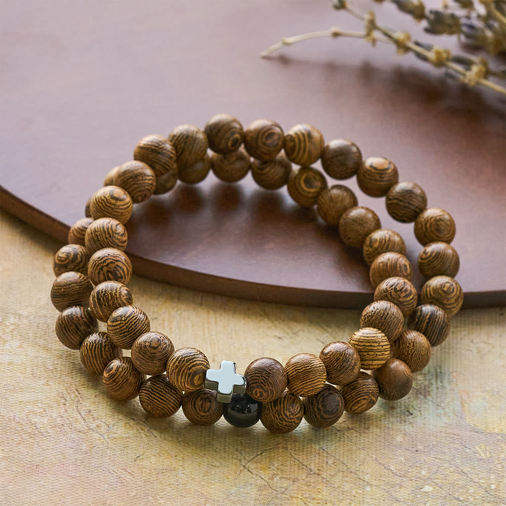 Pulsera de Cruz de Madera en Capas: Devoción Serena para el Día a Día