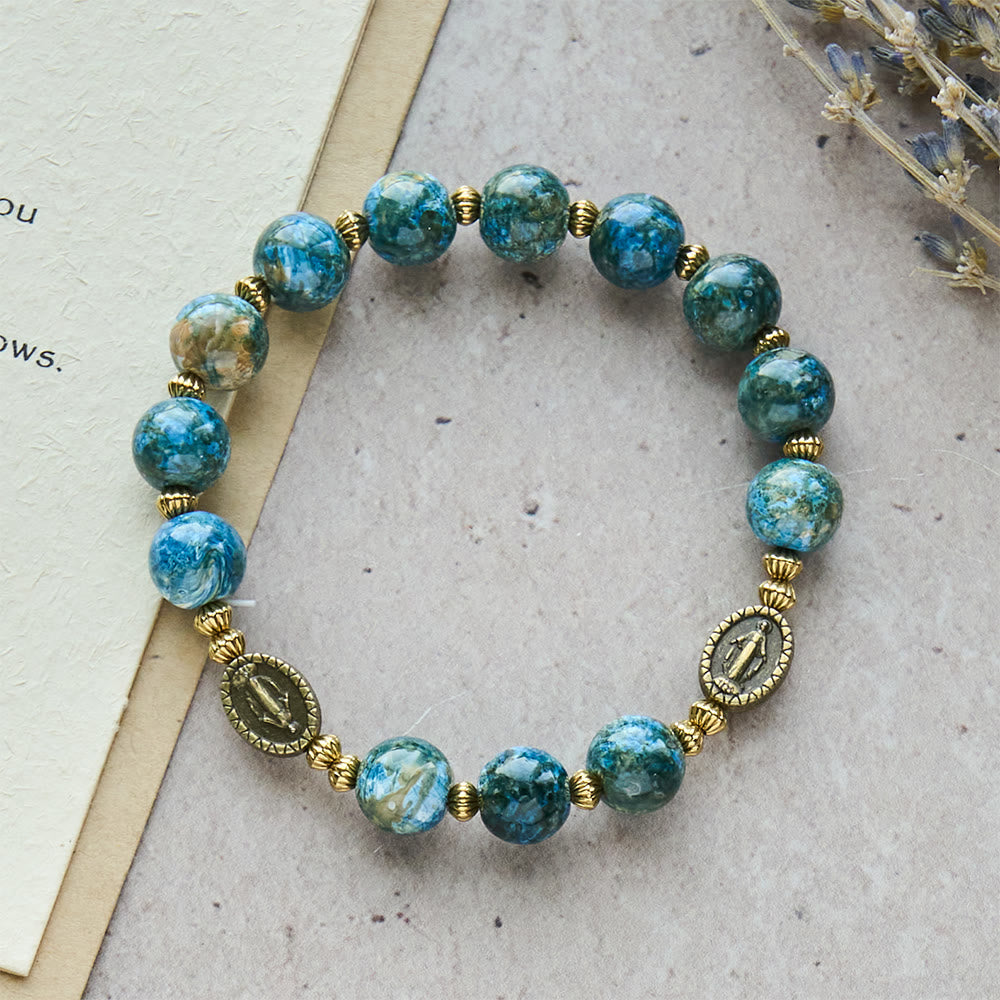 Pulsera de devoción vintage de 10 mm con pintura al óleo azul y medalla milagrosa