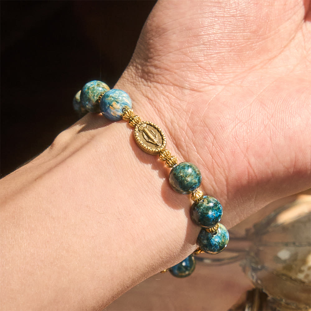 Pulsera de devoción vintage de 10 mm con pintura al óleo azul y medalla milagrosa
