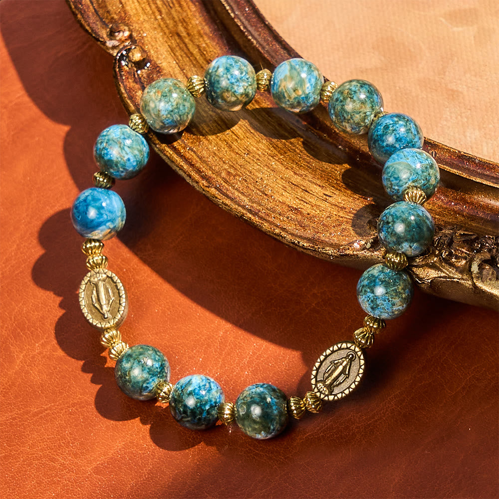 Pulsera de devoción vintage de 10 mm con pintura al óleo azul y medalla milagrosa