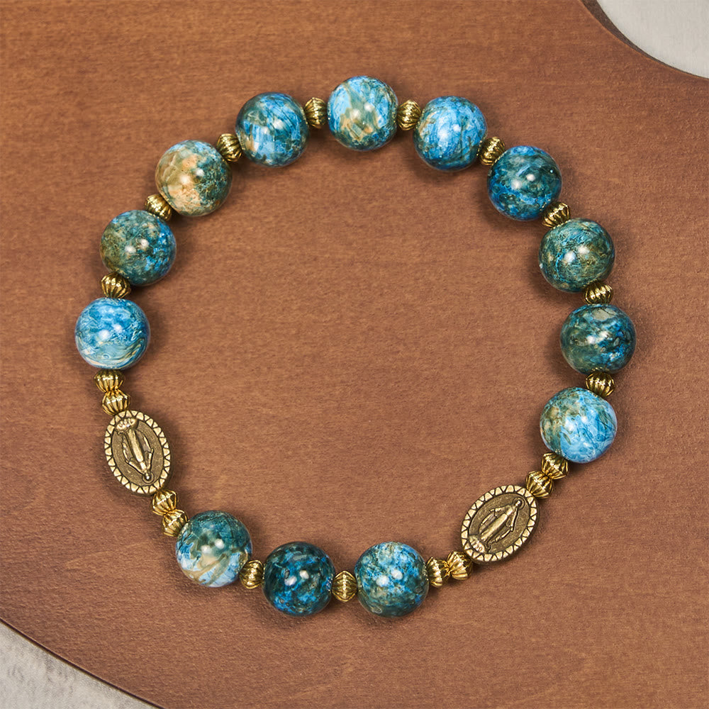 Pulsera de devoción vintage de 10 mm con pintura al óleo azul y medalla milagrosa