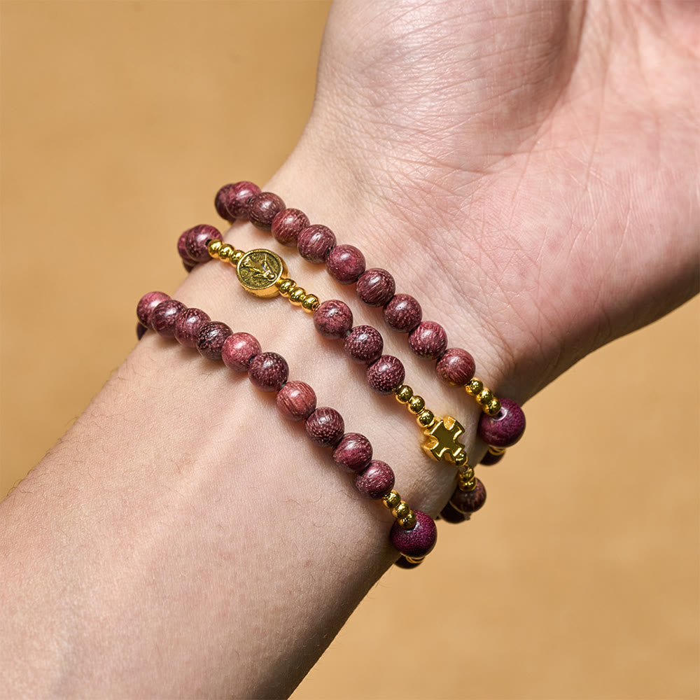 Pulsera de rosario de madera de perilla multicapa con cuentas terrosas y Nuestra Señora sagrada