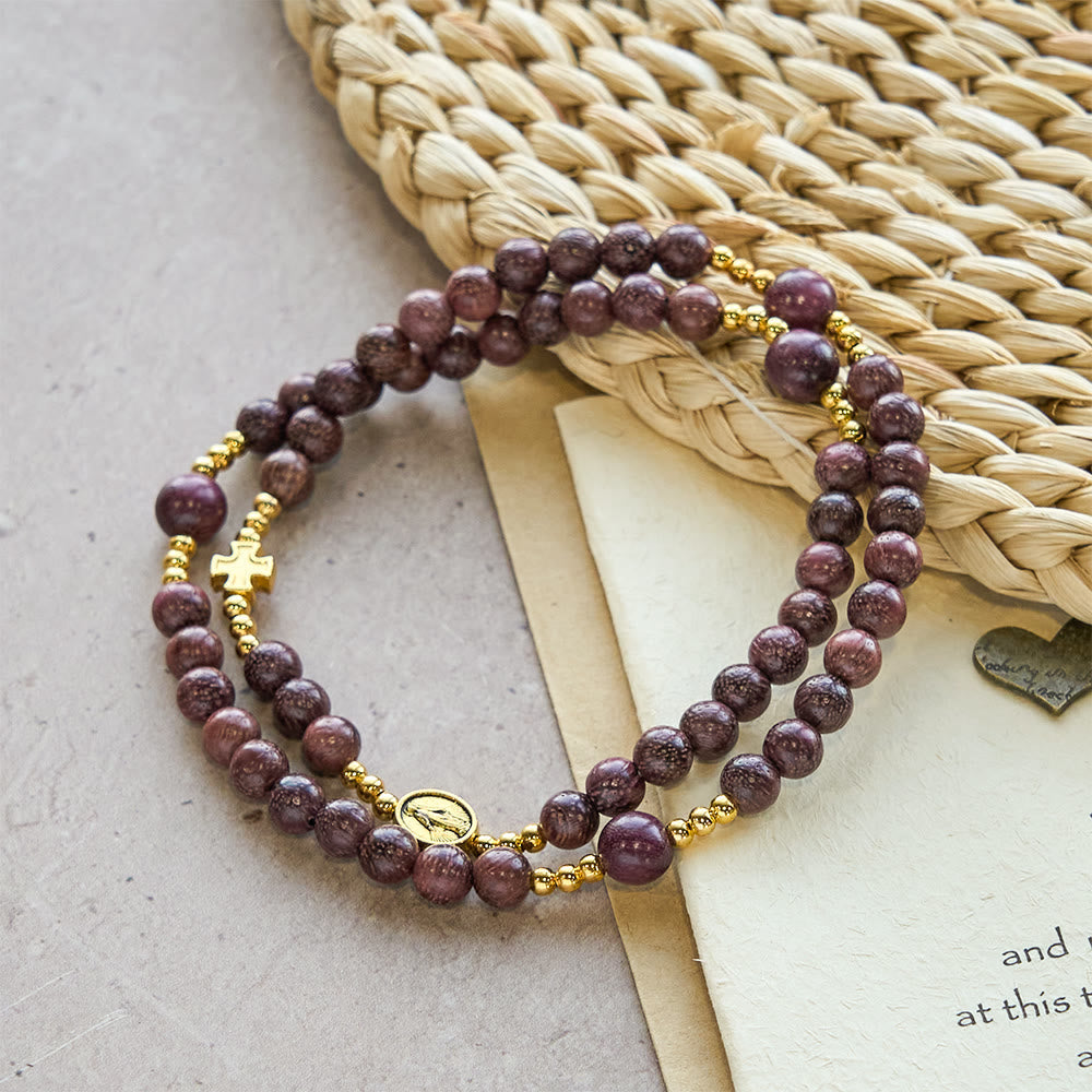 Pulsera de rosario de madera de perilla multicapa con cuentas terrosas y Nuestra Señora sagrada
