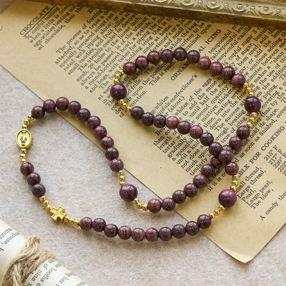 Pulsera de rosario de madera de perilla multicapa con cuentas terrosas y Nuestra Señora sagrada