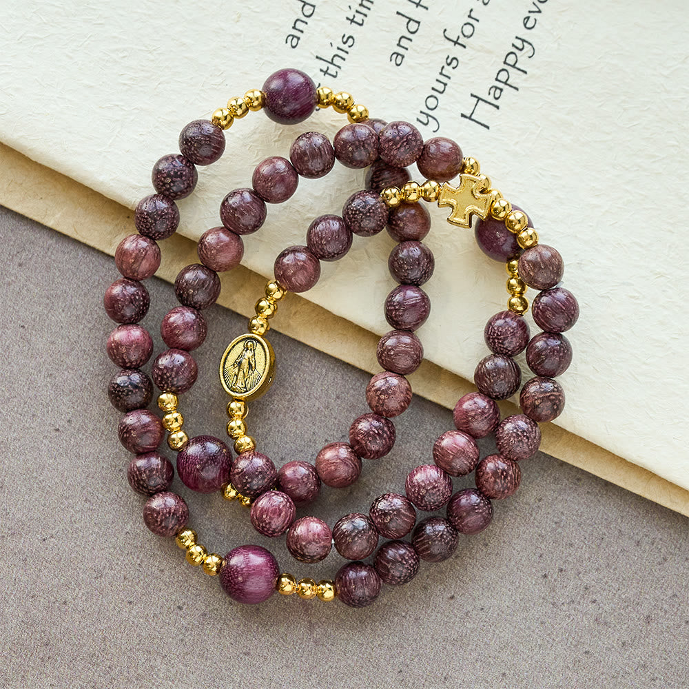 Pulsera de rosario de madera de perilla multicapa con cuentas terrosas y Nuestra Señora sagrada