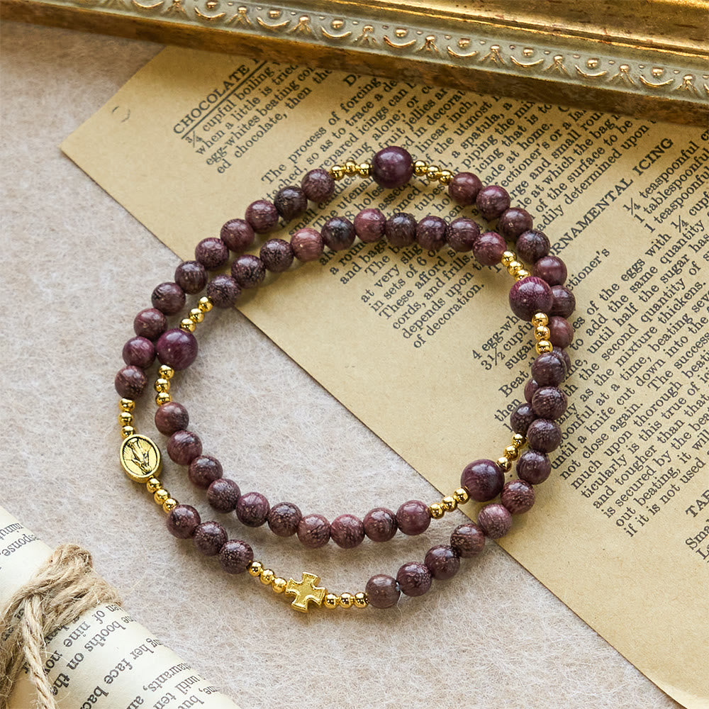 Pulsera de rosario de madera de perilla multicapa con cuentas terrosas y Nuestra Señora sagrada