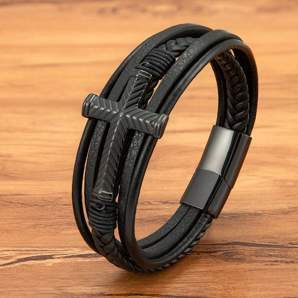 Pulsera de cuero en forma de cruz de tres estilos: fe personalizada en cada hebra