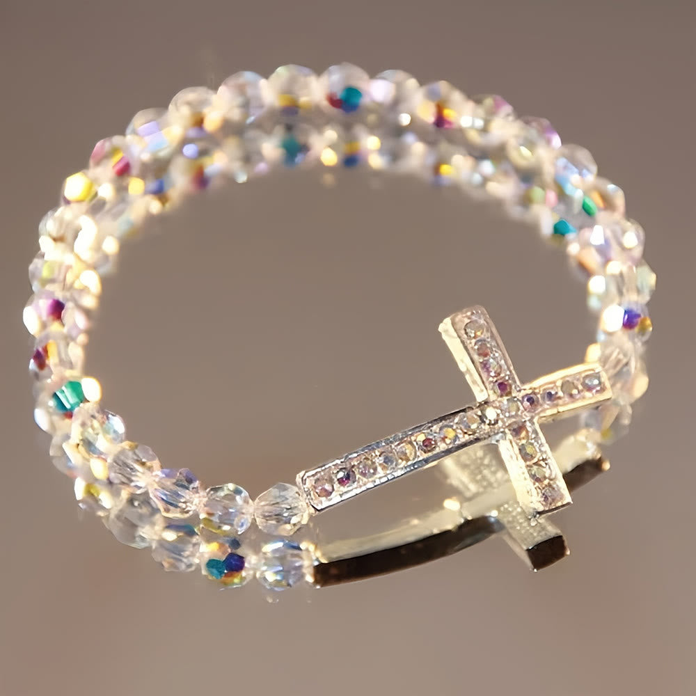 Pulsera Cruz Blanco y Azul Pavo Real: Fe Envuelto en Brillo