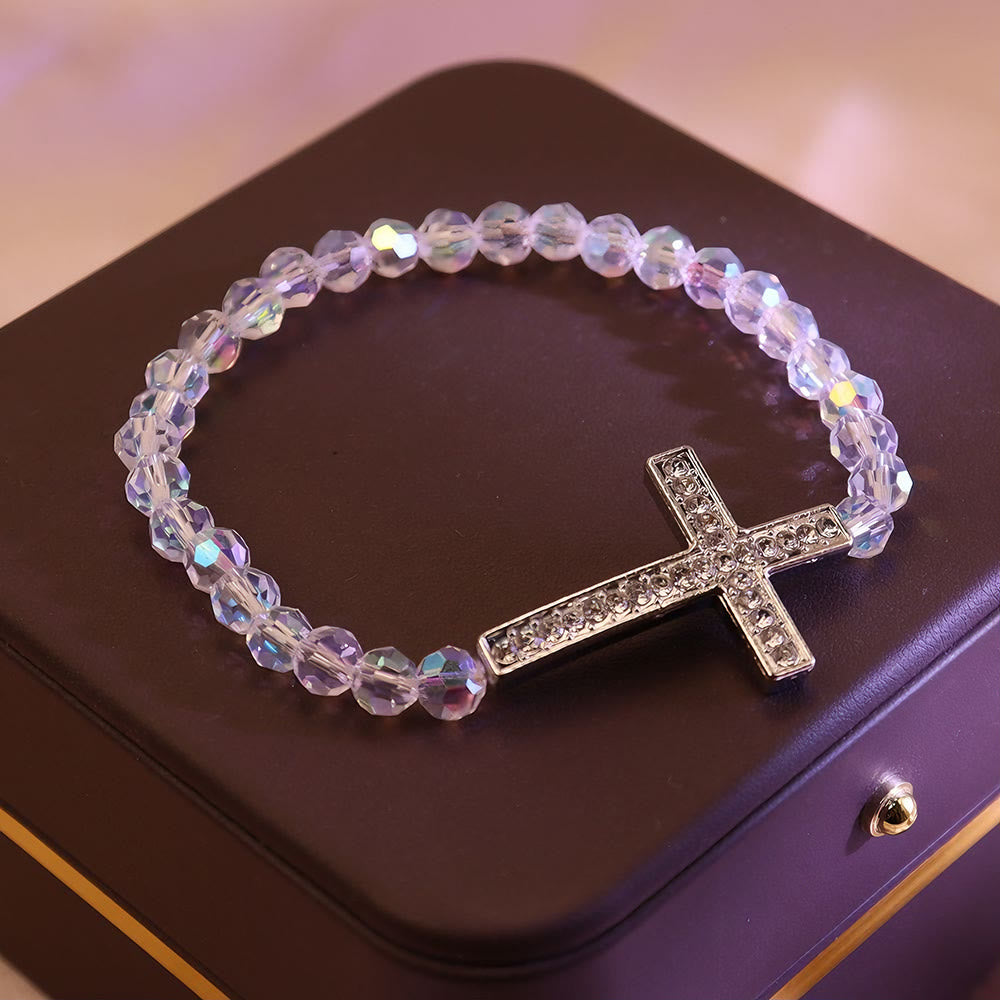 Pulsera Cruz Blanco y Azul Pavo Real: Fe Envuelto en Brillo