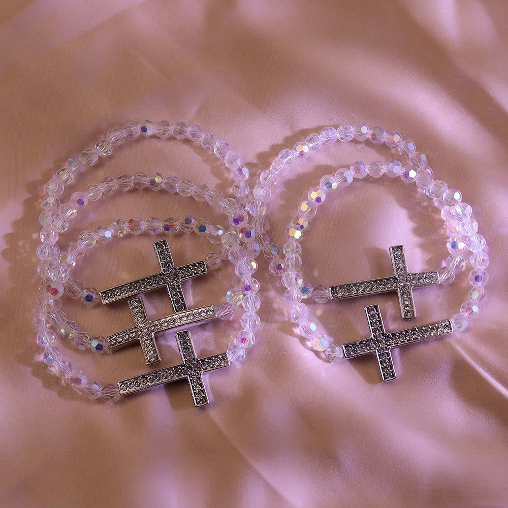 Pulsera Cruz Blanco y Azul Pavo Real: Fe Envuelto en Brillo