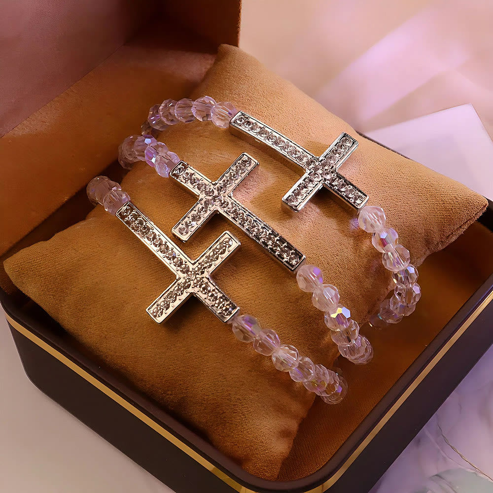 Pulsera Cruz Blanco y Azul Pavo Real: Fe Envuelto en Brillo