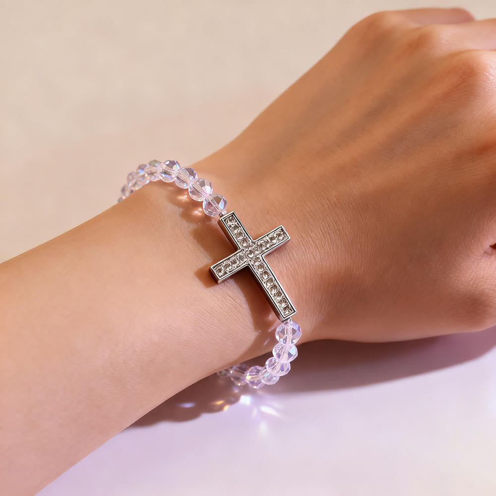 Pulsera Cruz Blanco y Azul Pavo Real: Fe Envuelto en Brillo