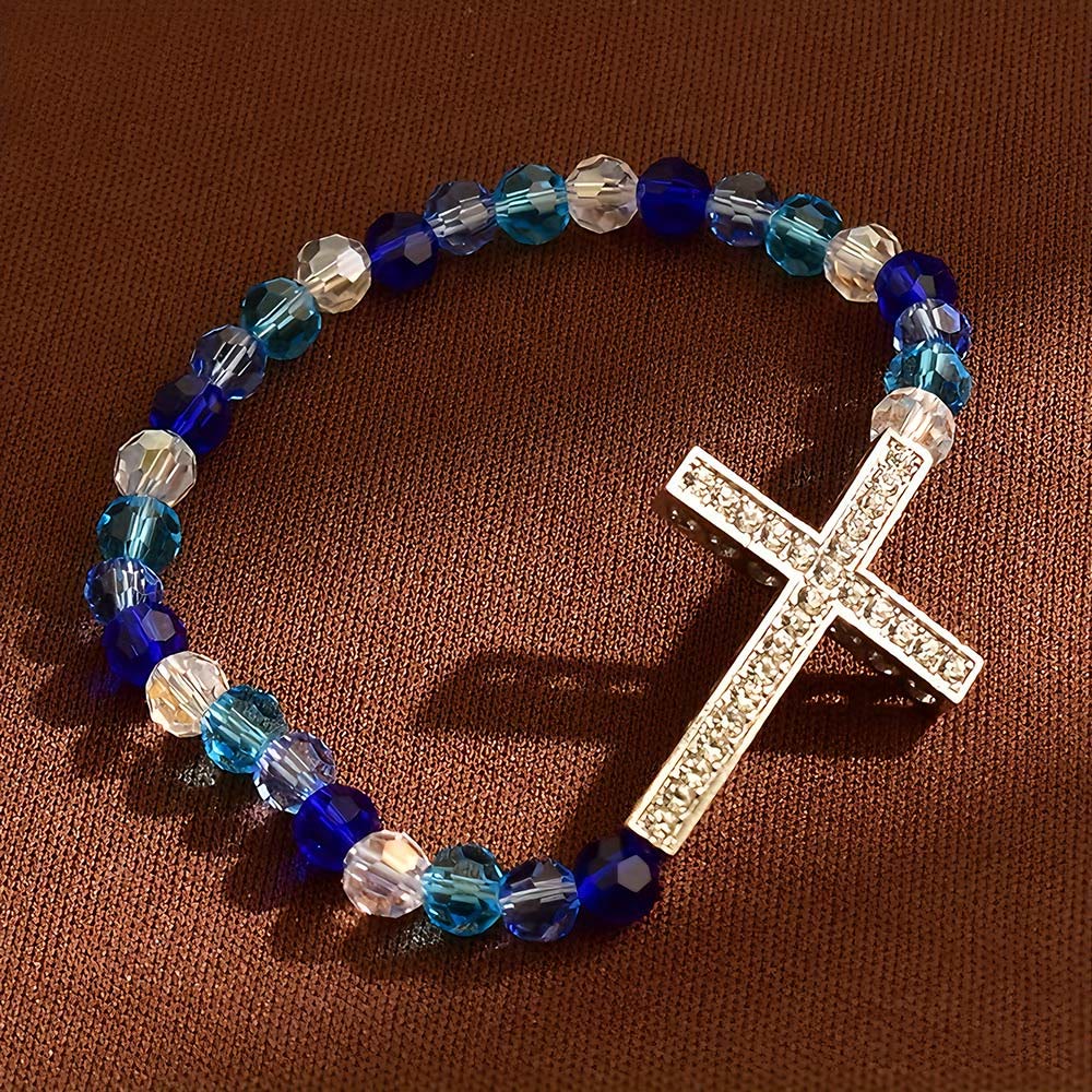 Pulsera Cruz Blanco y Azul Pavo Real: Fe Envuelto en Brillo