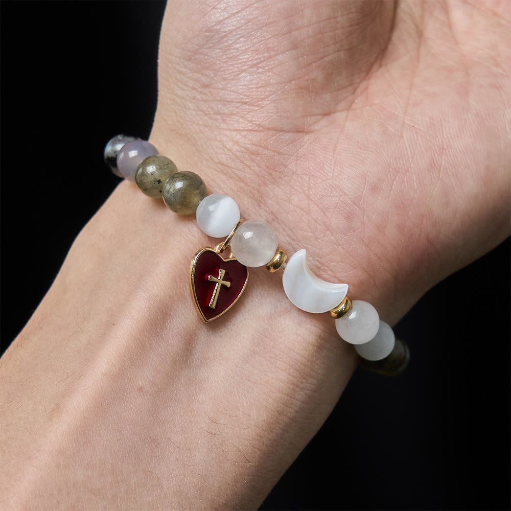 Pulsera con degradado de Marea de Noche a Día con Cruz de Corazón Rojo: Fe que Nunca se Apaga
