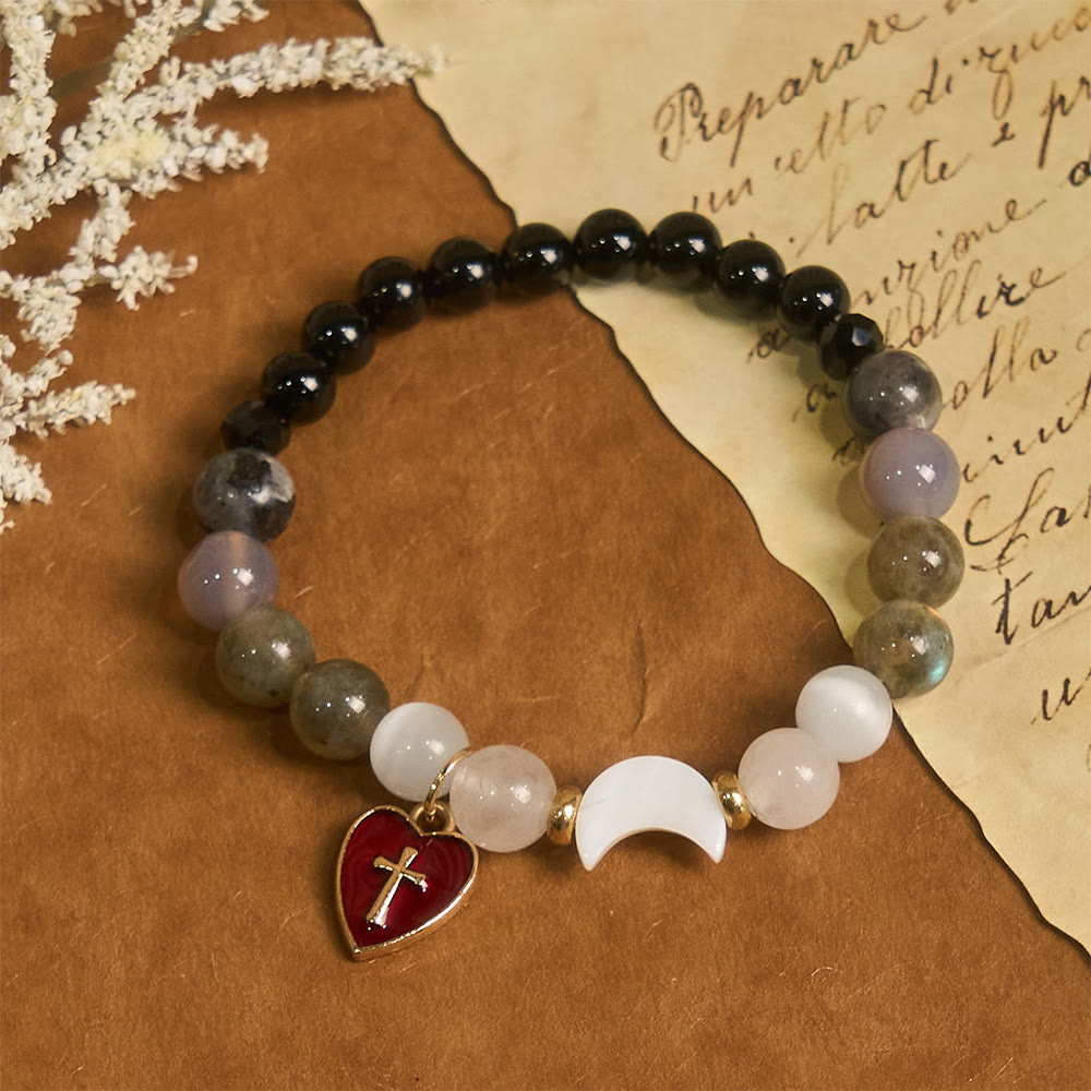 Pulsera con degradado de Marea de Noche a Día con Cruz de Corazón Rojo: Fe que Nunca se Apaga