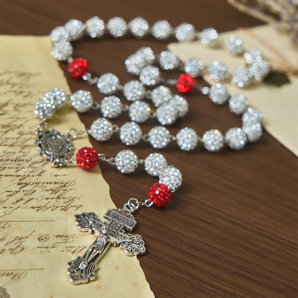 Collar de Medalla Milagrosa y Crucifijo con Gemas Redondas de Plata de 10 mm