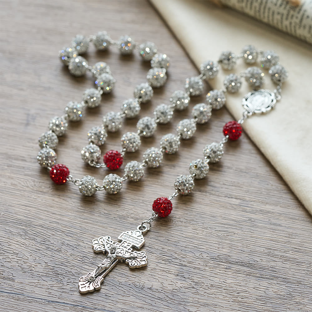 Collar de Medalla Milagrosa y Crucifijo con Gemas Redondas de Plata de 10 mm