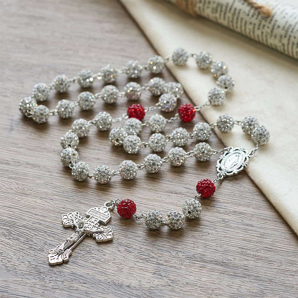 Collar de Medalla Milagrosa y Crucifijo con Gemas Redondas de Plata de 10 mm