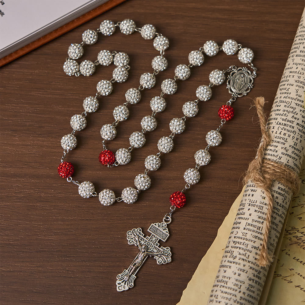Collar de Medalla Milagrosa y Crucifijo con Gemas Redondas de Plata de 10 mm