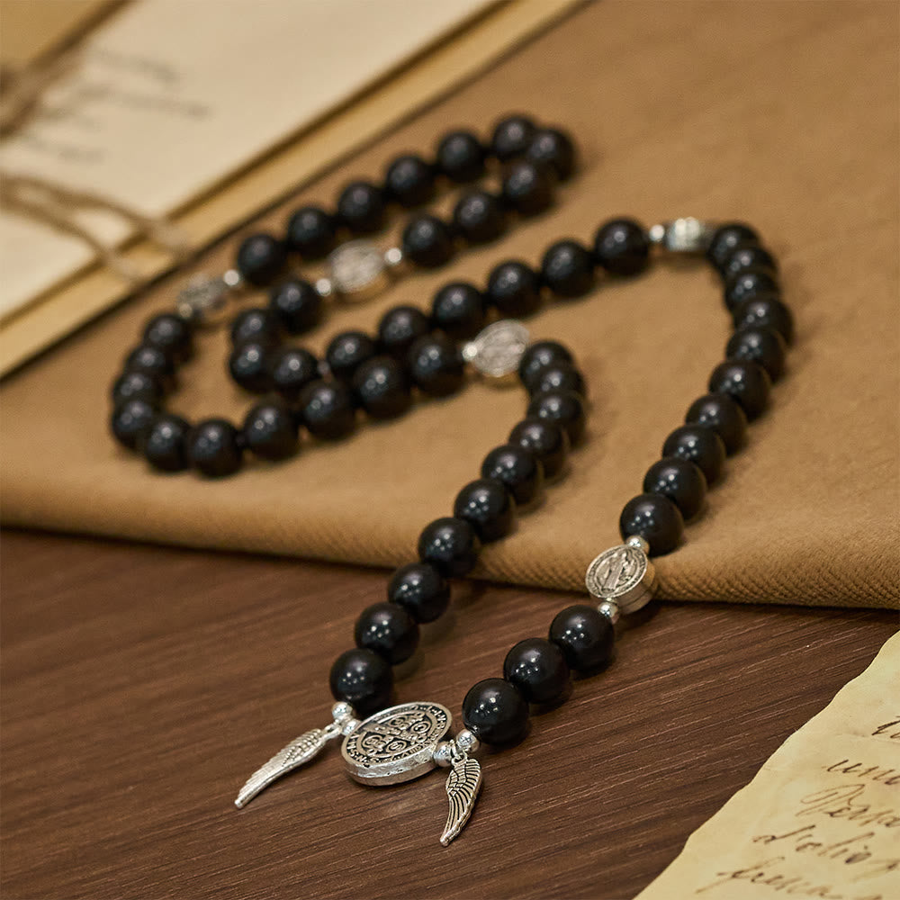 Pulsera de doble protección de cuentas de madera con San Benito y Medalla Milagrosa