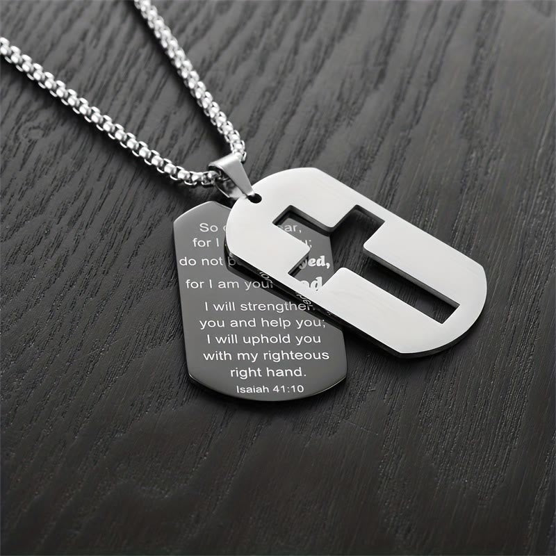 Collar de metal pulido con cruz calada y verso grabado: Lleva Su promesa cerca cada día